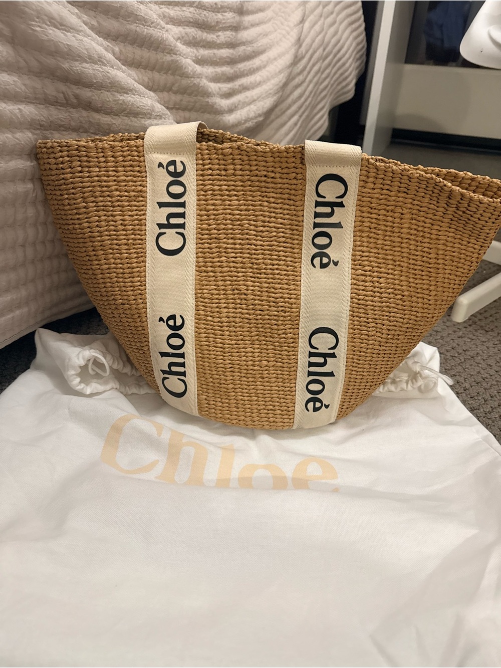 Chloé Natural Straw Tote with Branded Ribbon Handles - Picture 2 of 5